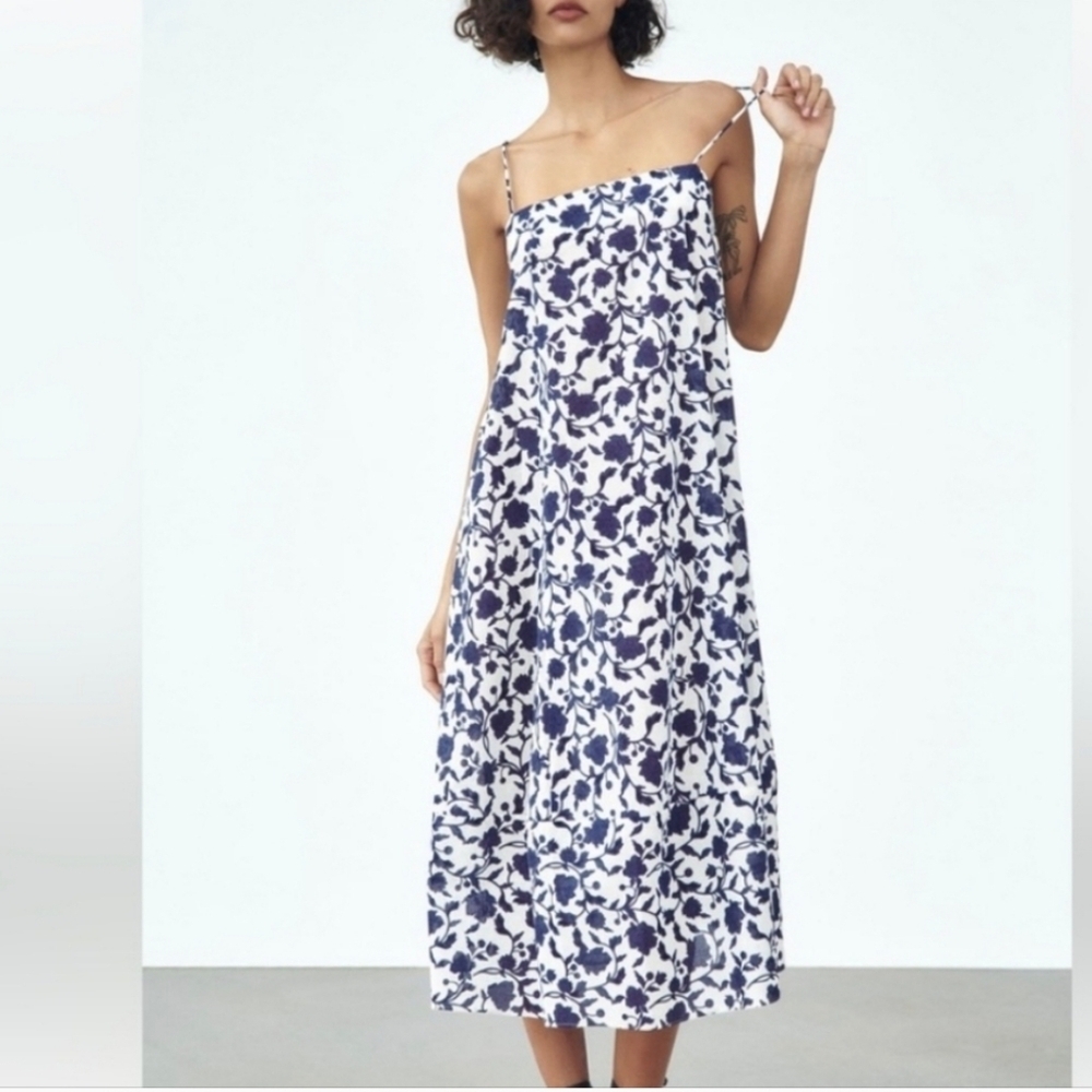 ZARA Chic Blue Floral White And Blue Cotton Maxi Dress Size L